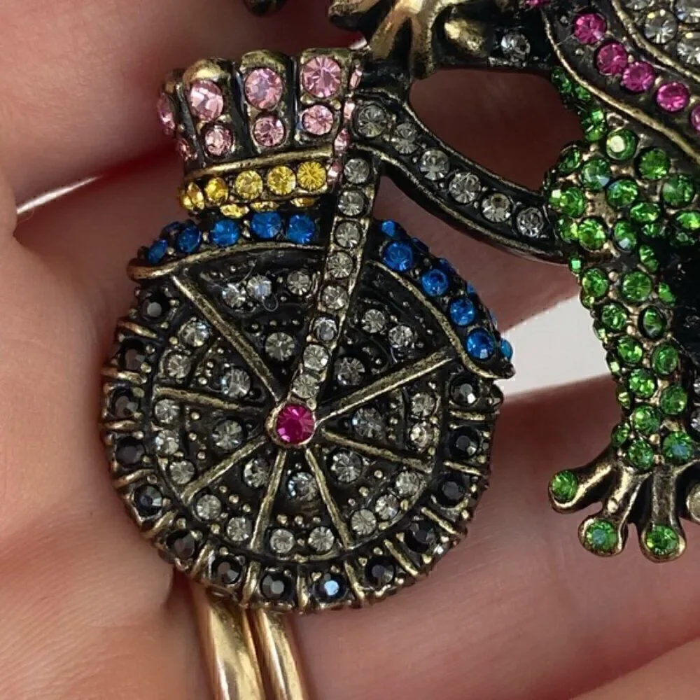 Brooch, frogs on bicycle, Swarovski Crystals Rhinestone